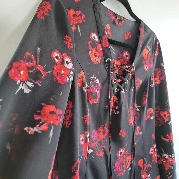 Guess Semi-sheer Black, red and grey floral print blouse. EUC - Picture 2 of 9